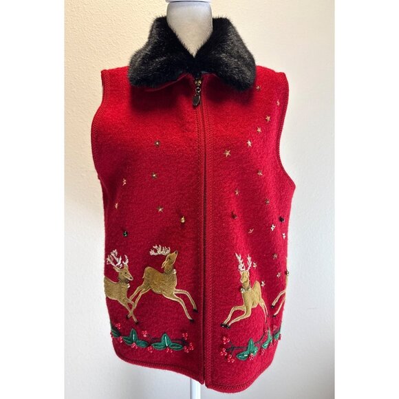 Vtg Lisa International 100% Wool Reindeer Sweater Vest Faux Fur Collar Medium - Picture 1 of 12